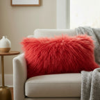 12" x 20" Tibetan Mongolian Lamb Fur Lumbar Pillow Single Sided — Red