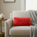 9" x 17" Tibetan Mongolian Lamb Fur Lumbar Pillow Single Sided — Red