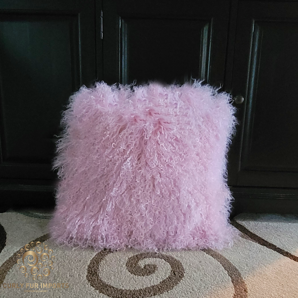 26" x 26" Tibetan Mongolian Lamb Fur Pillow Single Sided — Rose Quartz