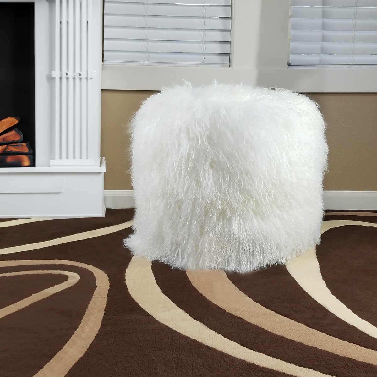 Tibetan Mongolian Lamb White Fur Pouf Swivel Ottoman