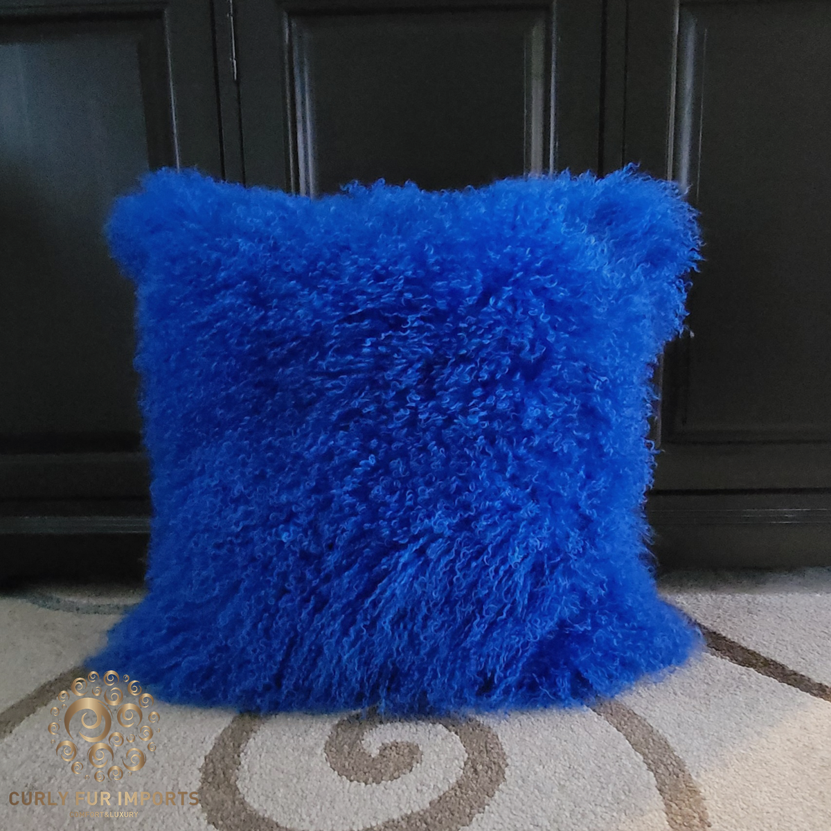 22" x 22" Tibetan Mongolian Lamb Fur Pillow Double Sided — Royal Blue