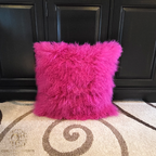 20" x 20" Tibetan Mongolian Lamb Fur Pillow Single Sided — Shocking Pink