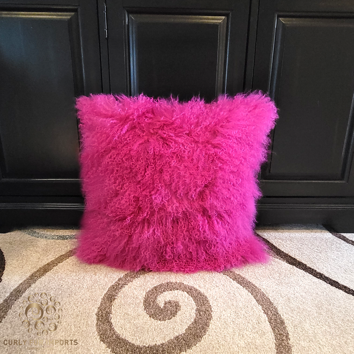 20" x 20" Tibetan Mongolian Lamb Fur Pillow Single Sided — Shocking Pink