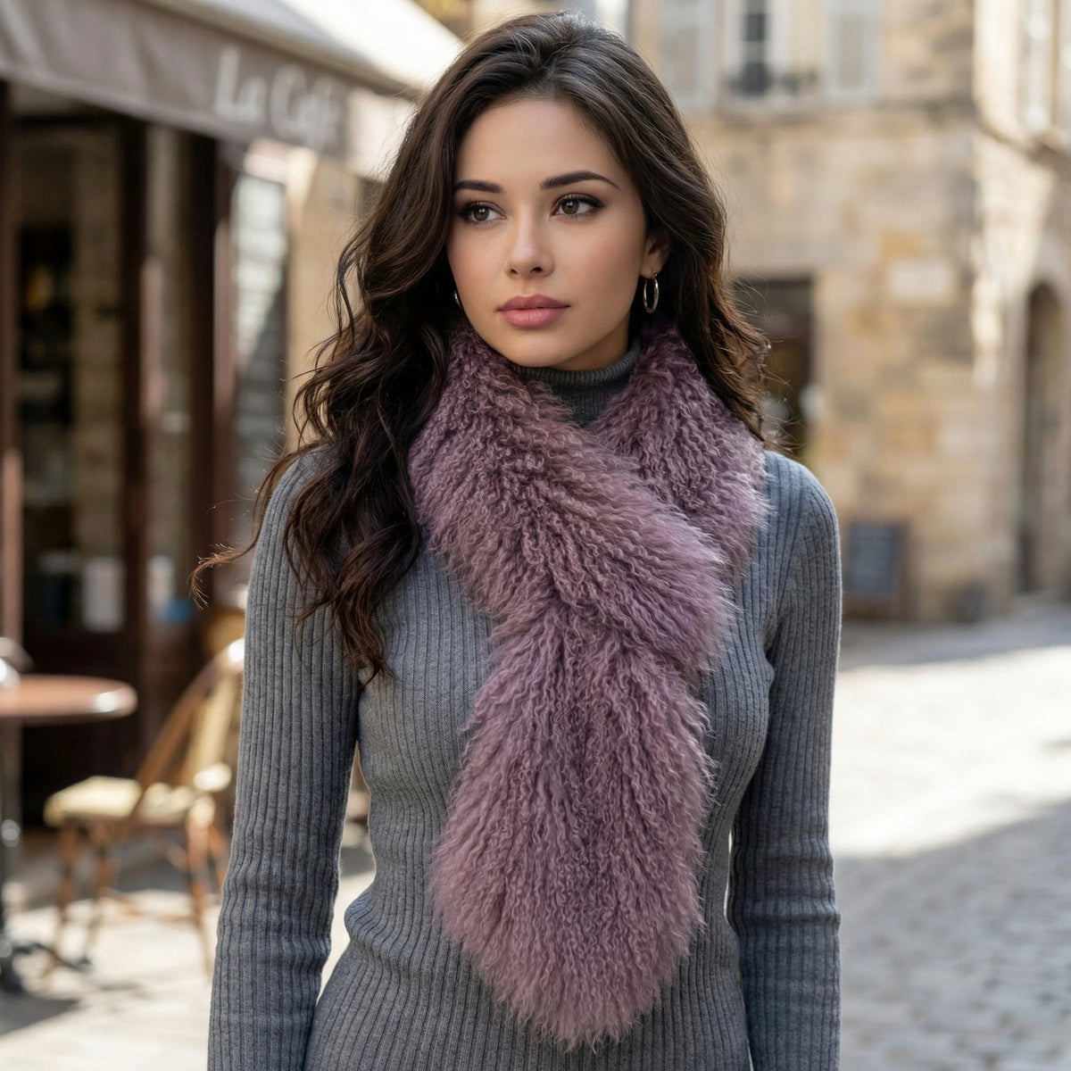 Tibetan Mongolian Lamb Fur Boa Scarf — Smoky Mauve