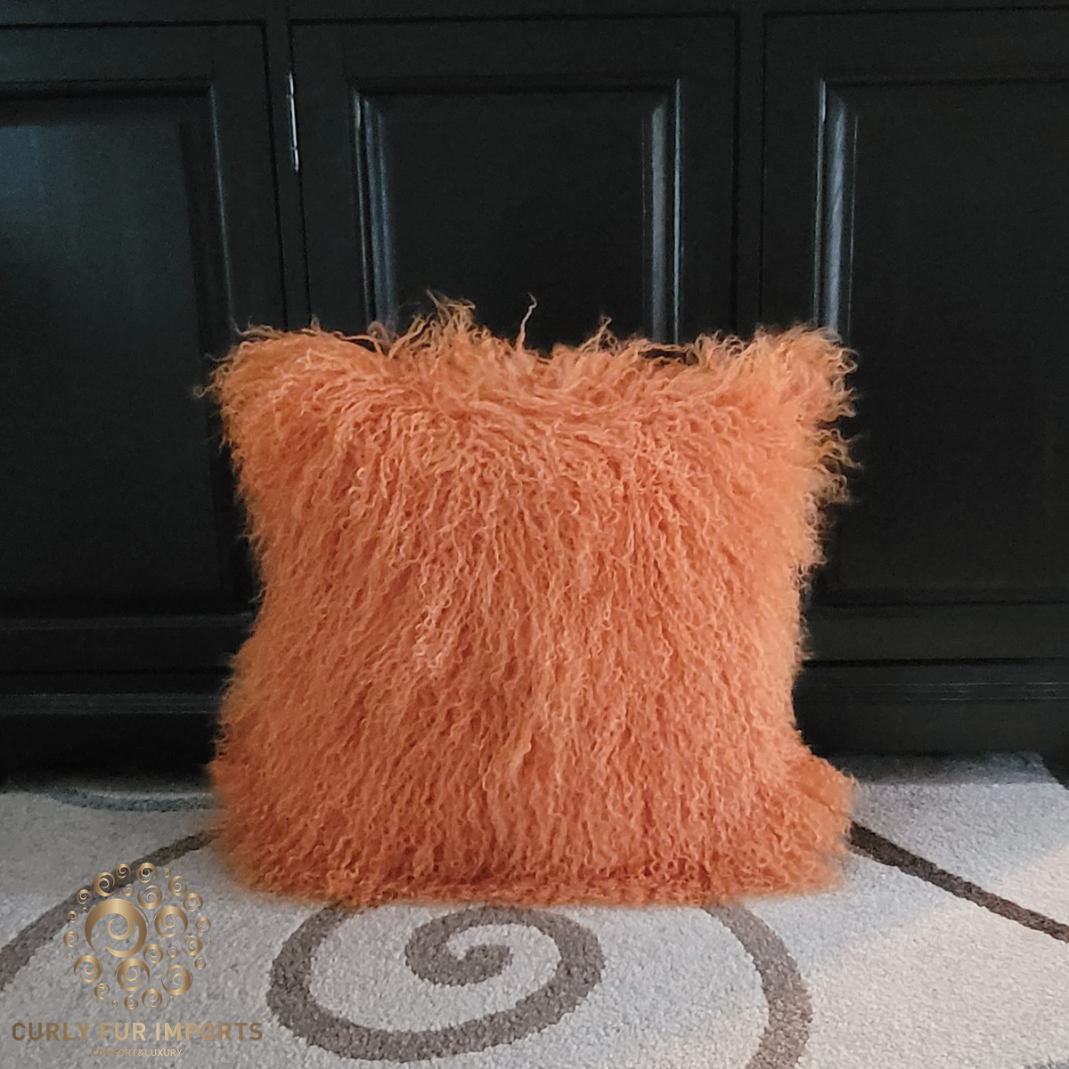 20" x 20" Tibetan Mongolian Lamb Fur Pillow Double Sided — Soft Orange