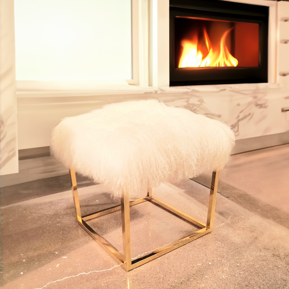 Tibetan Mongolian Lamb Fur Accent Square Ottoman Gold