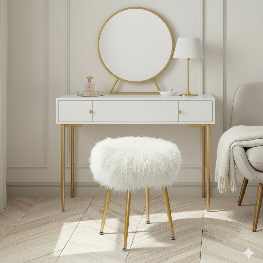 Mongolian Lamb Fur 360° Swivel Vanity Stool Gold Legs