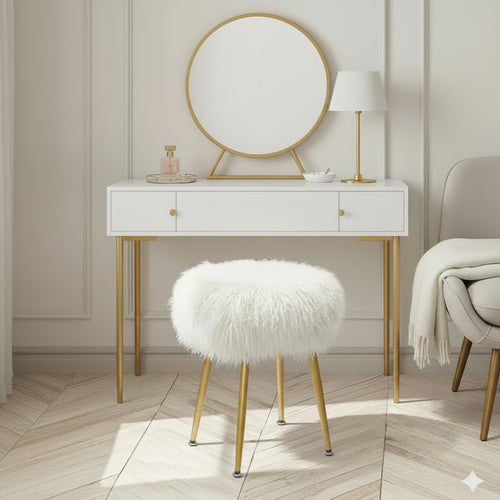 Mongolian Lamb Fur 360° Swivel Vanity Stool Gold Legs