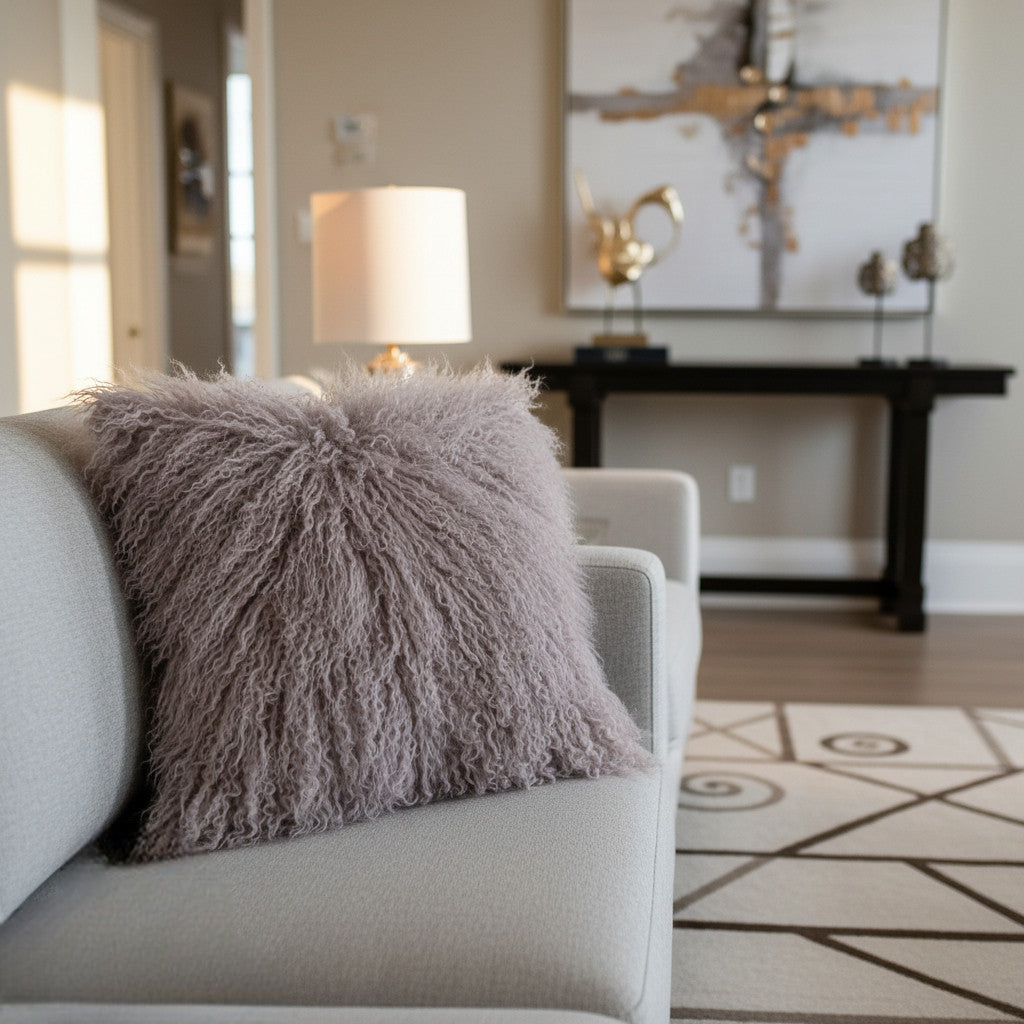 18" x 18" Tibetan Mongolian Lamb Fur Pillow Single Sided — Taupe