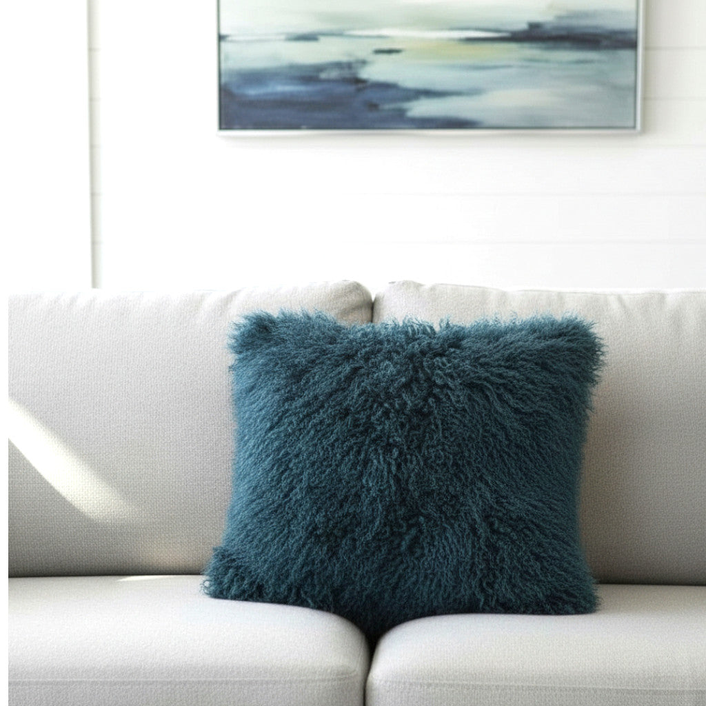 18" x 18" Tibetan Mongolian Lamb Fur Pillow Single Sided — Teal