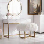 Mongolian Lamb Fur Rectangle Vanity Stool Gold Metal Legs
