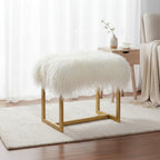 Mongolian Lamb Fur Rectangle Vanity Stool Gold Metal Legs