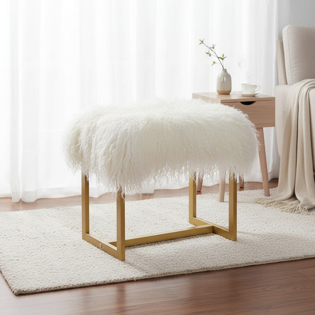 Mongolian Lamb Fur Rectangle Vanity Stool Gold Metal Legs