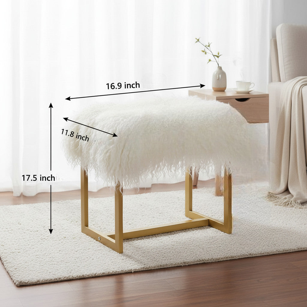Mongolian Lamb Fur Rectangle Vanity Stool Gold Metal Legs