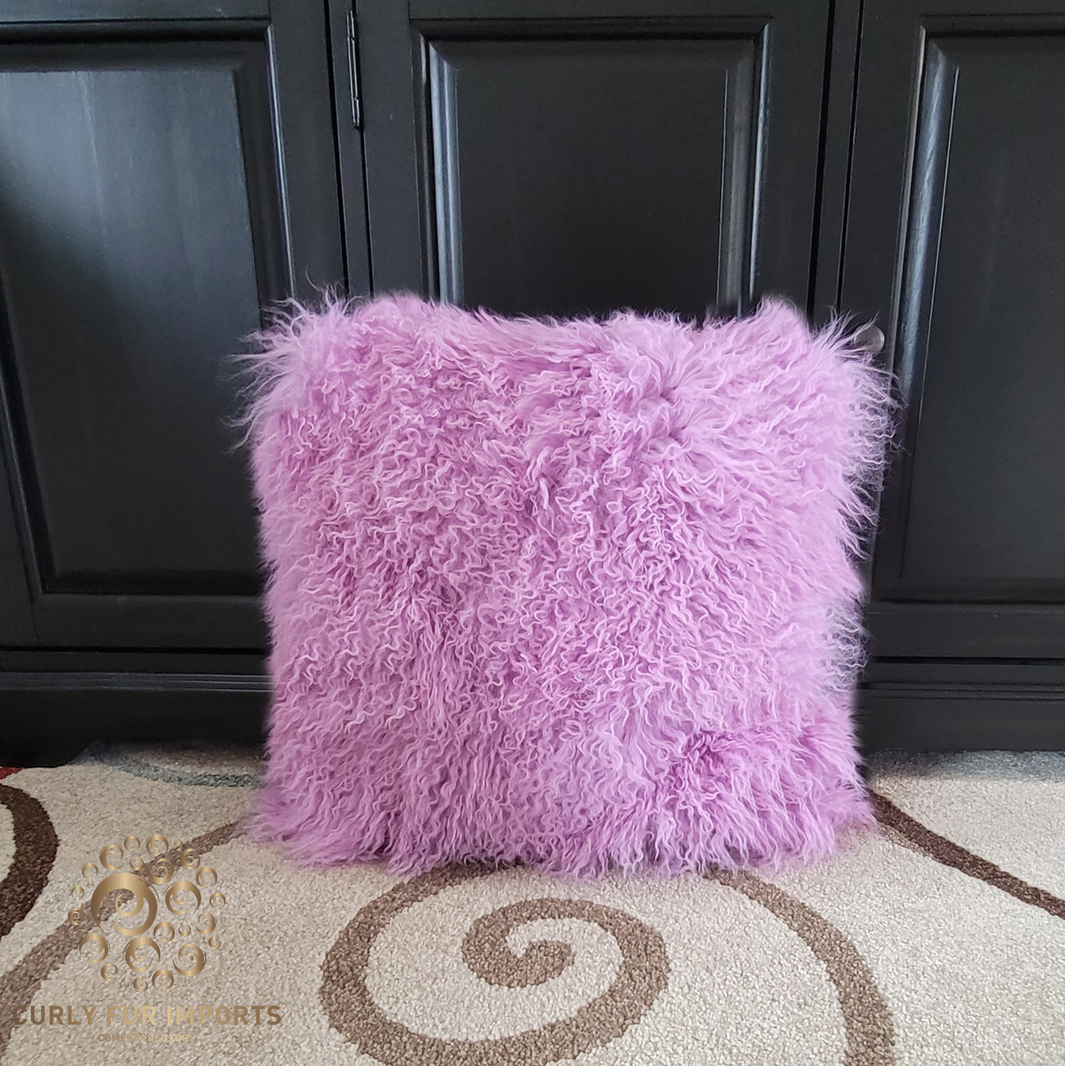 20" x 20" Tibetan Mongolian Lamb Fur Pillow Single Sided — Voilet Tulle