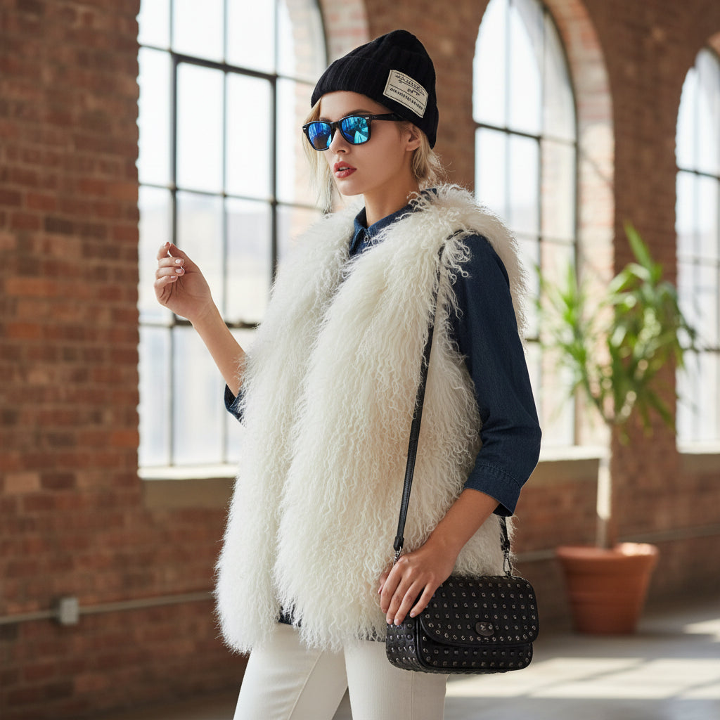 27" Tibetan Mongolian Lamb Fur Vest — Bleached White