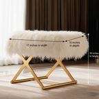 Mongolian Lamb Fur Rectangle Vanity Stool Gold X Metal Legs
