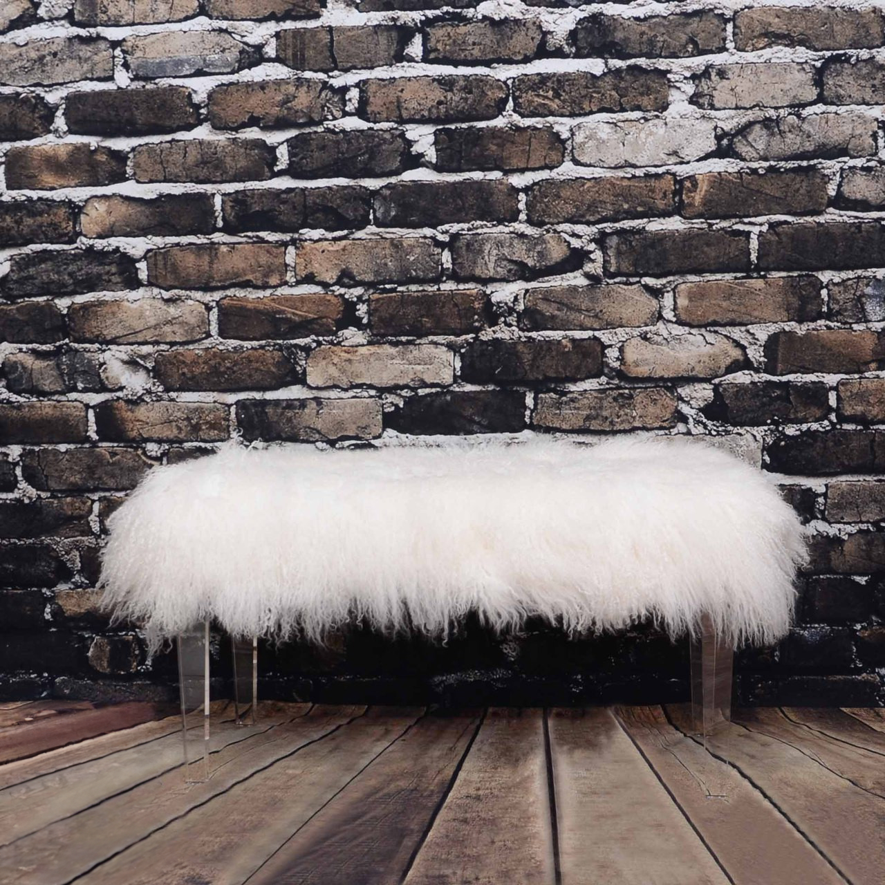 White Mongolian Fur Bench 